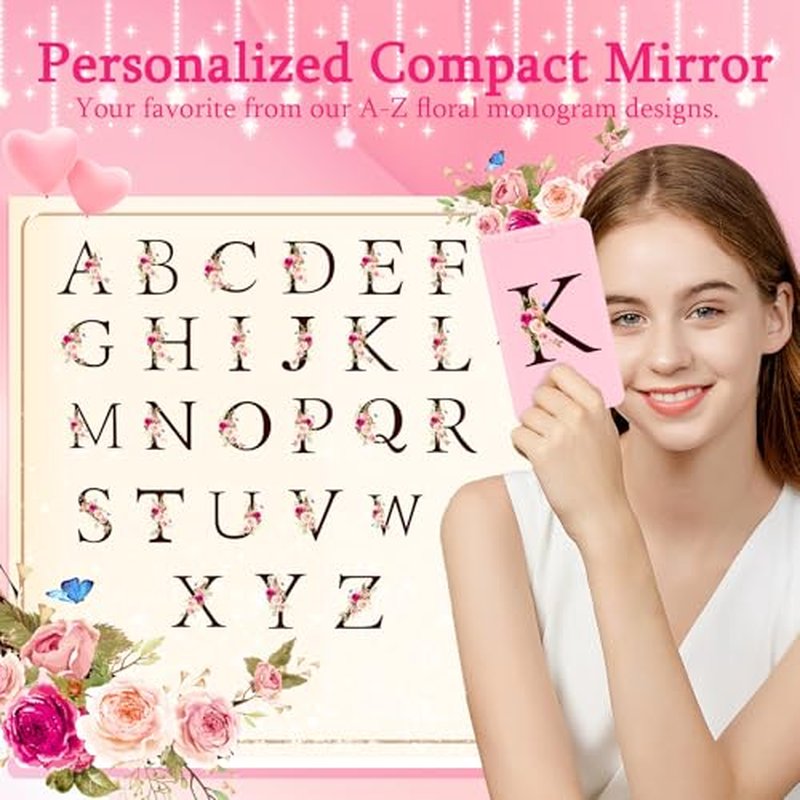 8-Piece Initials Travel Makeup Brush Set with LED Light Mirror, Compact and Trendy Stuff Personalized Monogrammed Gifts, Teen Girls and Young Women gifts idea(pink, P)