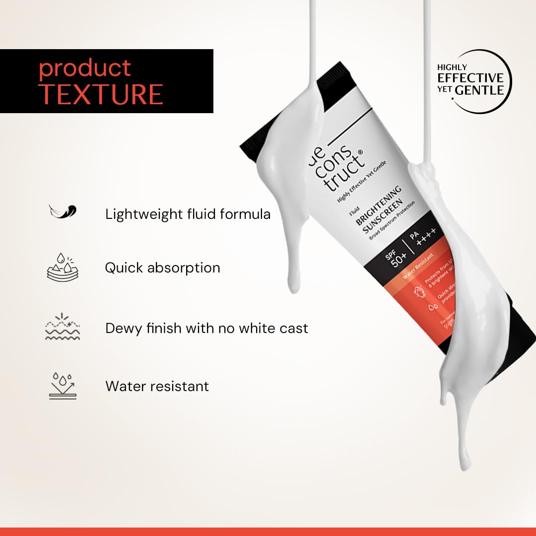 Deconstruct Dry Skin Brightening Fluid Sunscreen SPF 50+ with Niacinamide | Lightweight, Hydrating & Dewy | UVA/UVB Protection | 8-Hour Wear, Water-Resistant, No White Cast | 50g | Pack of 3