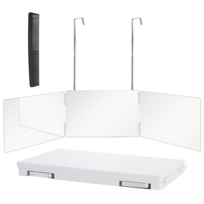 360 Trifold Mirror with Height Adjustable Telescoping Hooks, Includes Black Dual-Purpose Styling Comb - Ideal for Self Hair Cutting, Makeup - Essential for Travel, Bedroom, Bathroom (White)