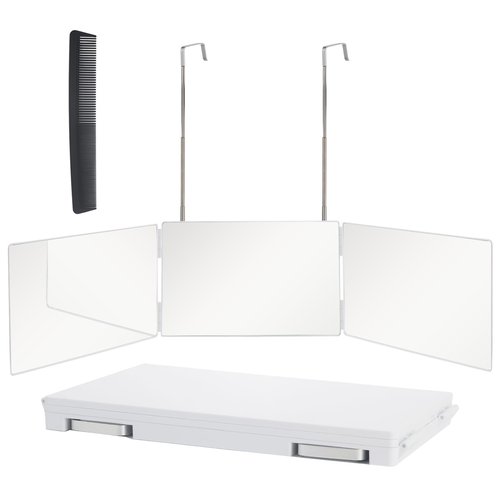 360 Trifold Mirror with Height Adjustable Telescoping Hooks, Includes Black Dual-Purpose Styling Comb - Ideal for Self Hair Cutting, Makeup - Essential for Travel, Bedroom, Bathroom (White)