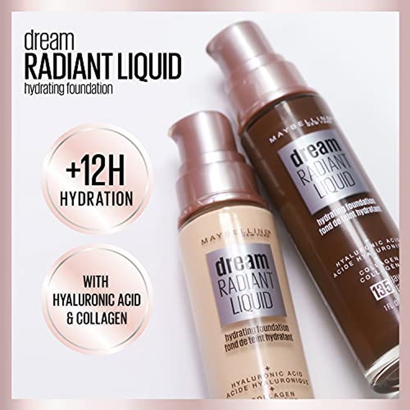 Maybelline Dream Radiant Liquid Medium Coverage Hydrating Makeup, Lightweight Liquid Foundation, Nude, 1 Fl; Oz
