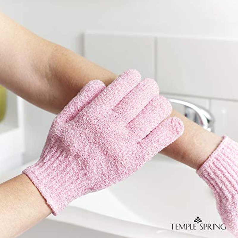 Temple Spring Exfoliating Gloves - Rayon Bamboo Bath/Shower Gloves, Bath Gloves for Shower Exfoliating and Ingrown Hair/Dead Skin Remover - Exfoliator Mitt Scrub Gloves - Pink