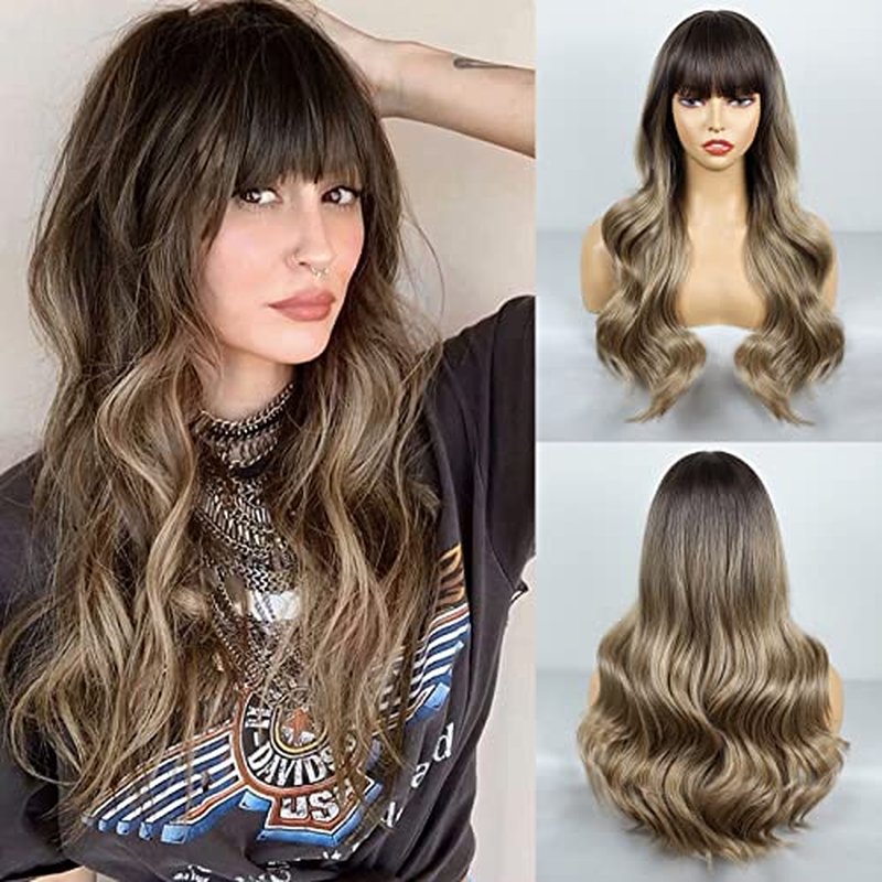 BOGSEA Light Brown Wigs with Bangs Long Blonde Wig for Women Long Wavy Light Ash Brown Mix Blonde Wigs Synthetic Heat Resistant Fiber Wigs for Daily Party 26 Inch