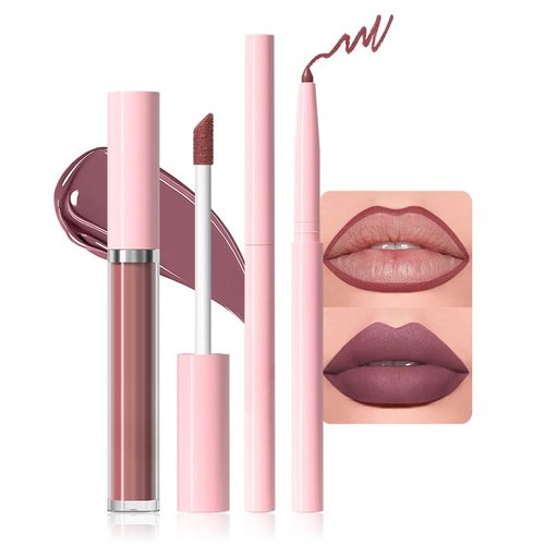 JUAAZIN 2pcs Pale Carmine Matte Lip Liner and Lipstick Makeup Set, Vegan Lipstick Lip Liner and Gloss Set Lip Stain Long Lasting Waterproof Smudge-Proof Properties Non-stick Cup(Pale Carmine 08#)