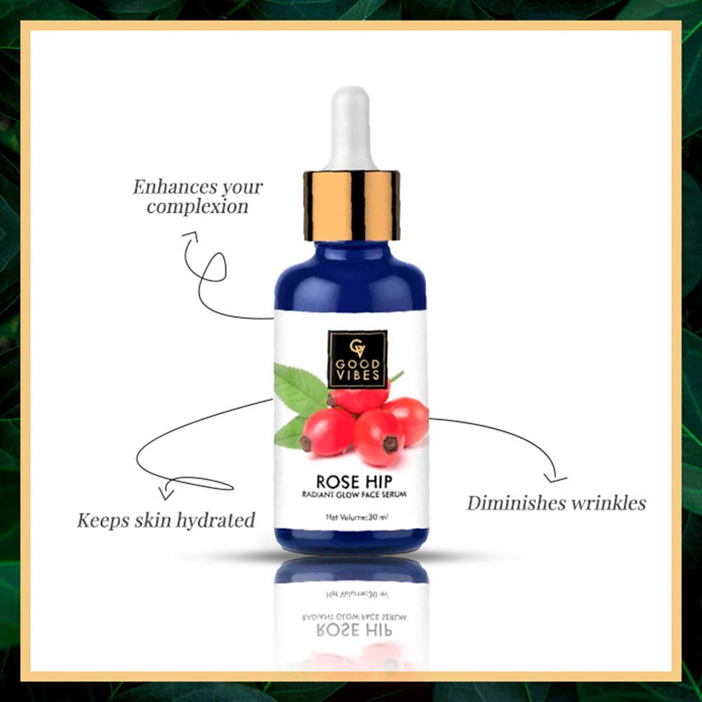 Good Vibes Rosehip Face Serum | Radiant Glow Formula for Clear, Smooth Skin | Hydrating Anti-Aging Facial Serum with Vitamin A & C | No Parabens, No Sulphates | All Skin Types | 1.01 Fl Oz (30ml)