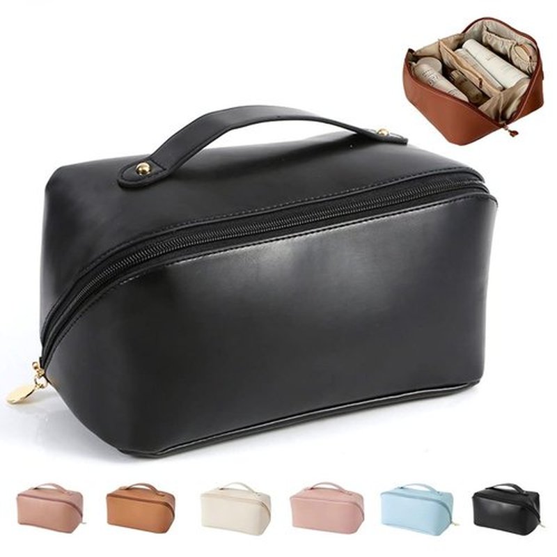 MINGRI Large Capacity Travel Cosmetic Bag for Women,Portable PU Leather Makeup Bag Water Resistant,Flat Open Multifunctional Storage Travel Toiletry Bag with Divider and Handle (Black)