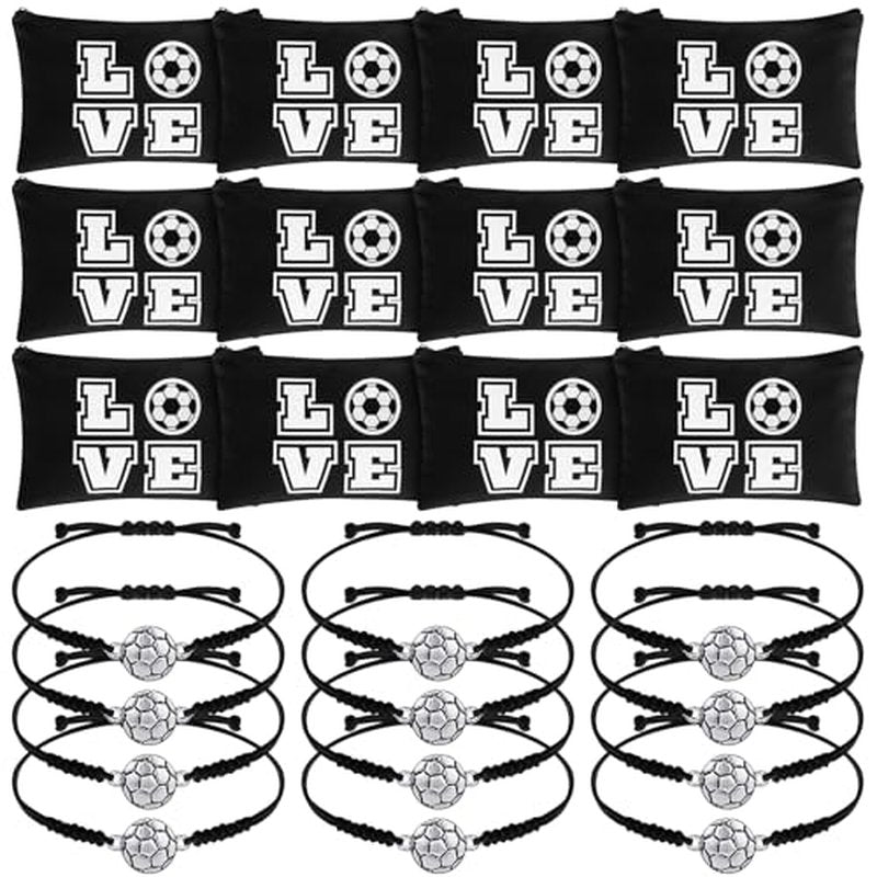 Sweetude 24 Pcs Soccer Gifts 12 Pcs Soccer Makeup Bag 12 Pcs Adjustable Soccer Bracelet Soccer Accessories Gifts for Team Players Soccer Birthday Party Favors Supplies Travel Charms(Black)
