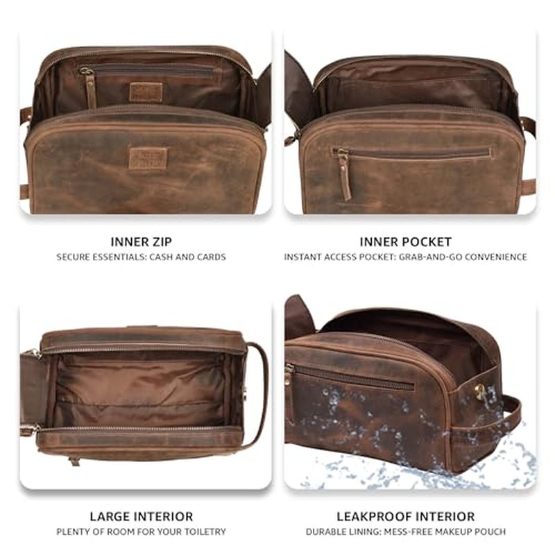 LEATHER VILLAGE Premium Leather Toiletry Travel Pouch With Waterproof Lining - Black | King-Size Handcrafted Vintage Dopp Kit Bag