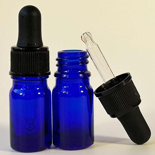 PIPIBA 24Pack 1/6 oz (5ml) Round Drip Tip Glass Eye Droppers. Essential Oil Glass Bottle. For Lab Bottles (Blue)