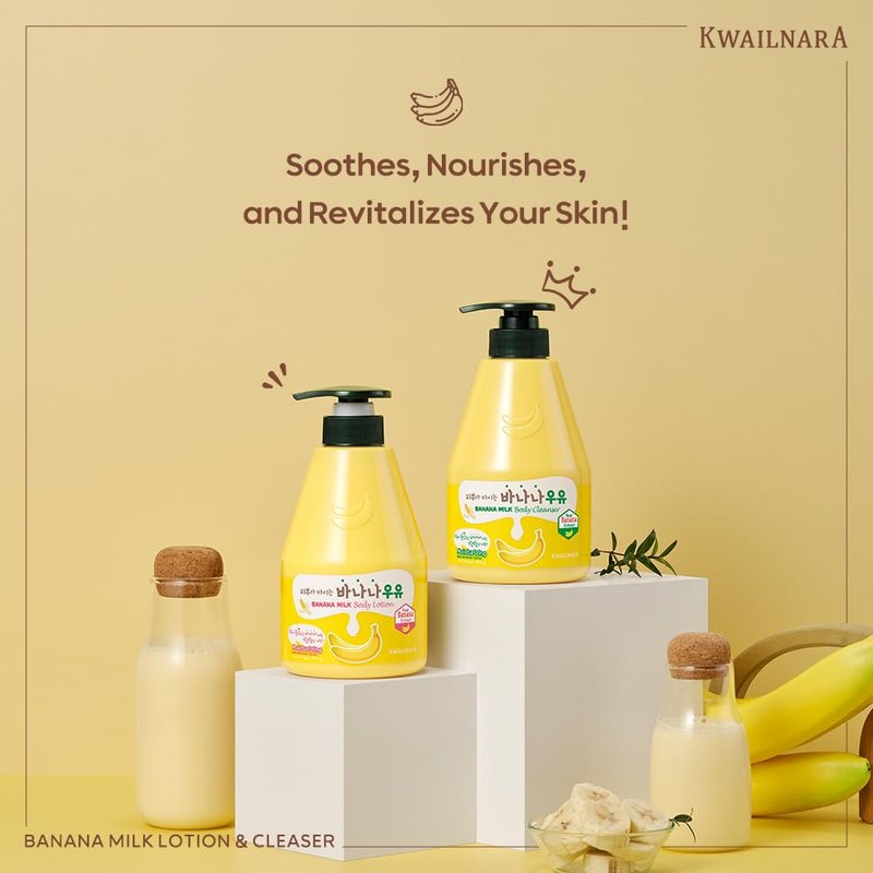Kwailnara Banana Milk Body Wash & Lotion Set - Korean Skincare Duo for Soft Skin | 19.75 Oz Each | Paraben-Free