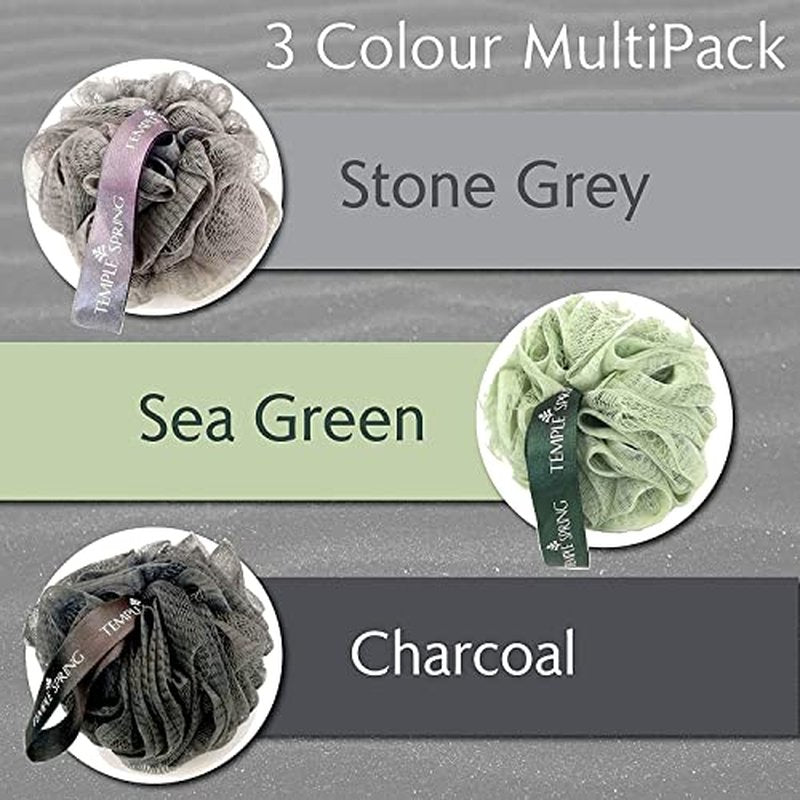 Temple Spring Shower Loofahs 3 Pack - Natural Recycled Shower Puffs for Body Set for Men and Women - Loofah Exfoliating Body Scrubber, Bath Poufs or Shower Scrunchie - Sea Green
