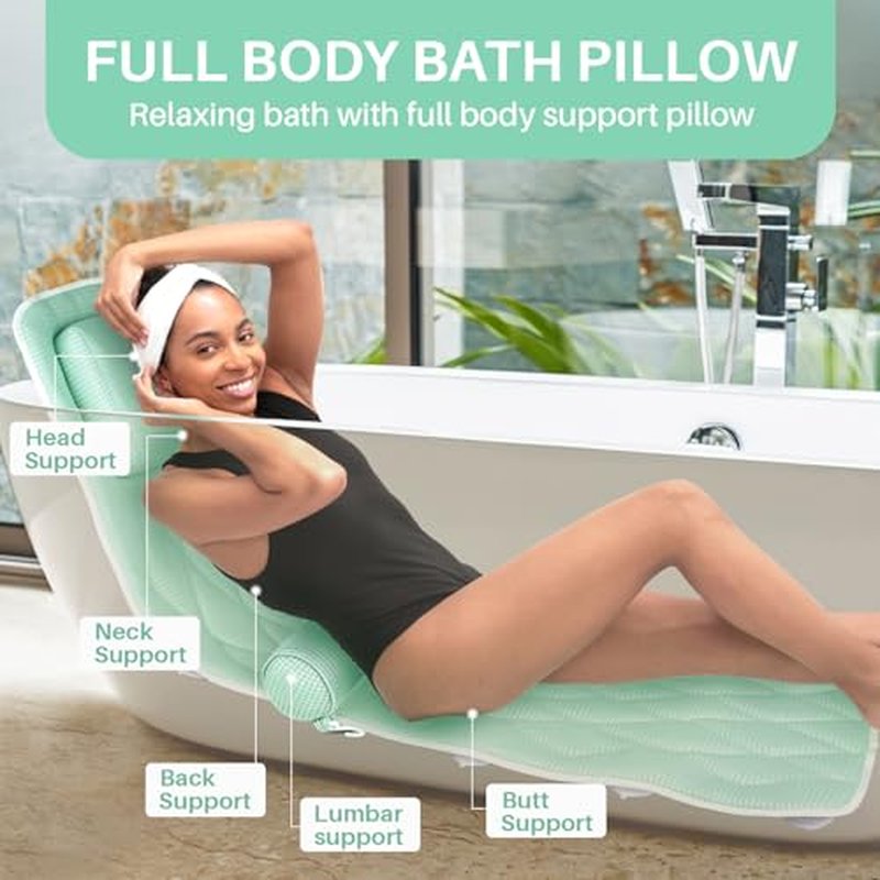 Full Body Bath Pillows for Tub-Bath Pillow Luxury Bathtub Pillow-Full Body Bath Tub Pillow for Bathtub for Head Neck and Back Support with Lumbar-Comfy Bathtub Pillow Mat for Tub-Green