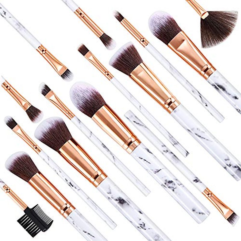 Makeup Brushes DUAIU 15PCs Marble Makeup Brush Set Premium Synthetic Kabuki Powder Blush Contour Foundation Concealer Eyeshadow Brushes with Makeup Sponge Make up Tool A Grey