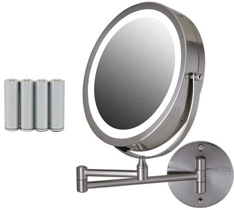 OVENTE 9" Lighted Wall Mount Makeup Mirror with 1X/7X Magnification, Cordless Double Sided Magnifying Round Vanity Mirror, 360° Swivel Design, Extendable and Folding Arm, Nickel Brushed MFW85BR1X7X