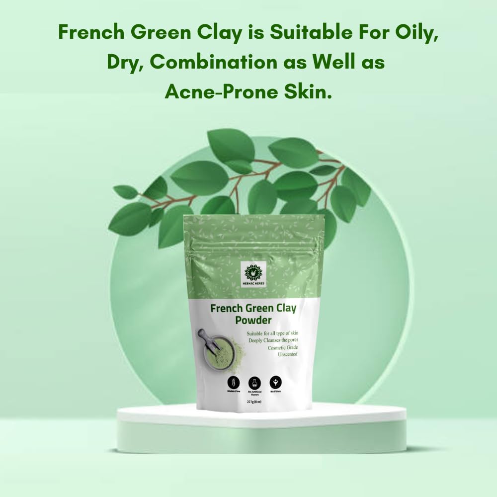 Hebhac Herbs French Green Clay Powder 227 g | Face Mask Oily Skin, Deep Facial Cleanser, Softening Skin, Body Clay | Natural Detoxifying Mask