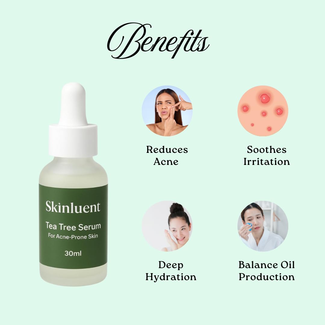 Skinluent Tea Tree Face Serum for Acne Prone Skin with Active Ingredients Tea Tree Oil, Salicylic Acid and Centella Asiatica, 30ml