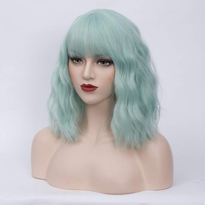 BUFASHION 14" Women Short Wavy Curly Wig Mint Green Bob Wig Cosplay Halloween Synthetic Wigs Wigs With Neat Bang Wig With Free Wig Cap (Mint Green)