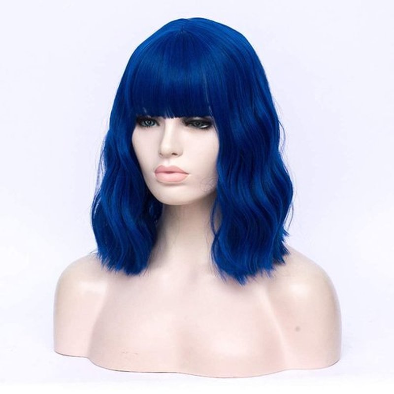 WGPFWIG Women's Blue Wig Short Curly Wavy Wig Shoulder Length Flat Bangs Wig For Women Girl Cosplay Party Halloween Wig Cap Included (Blue)