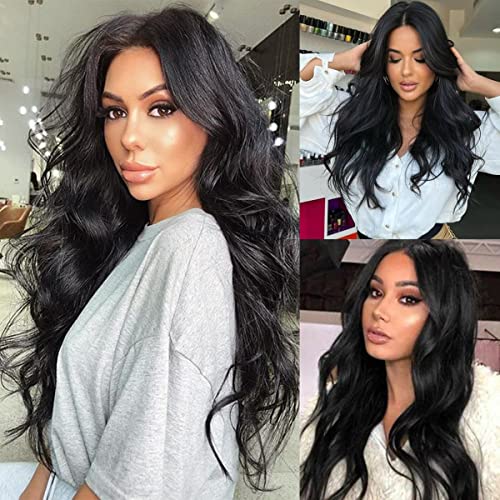 RicHyun Black Wig Long Curly Wavy Black Wig Middle Part Cosplay Wig Synthetic Heat Resistant Costume Halloween Wigs for Women Girls (Black)