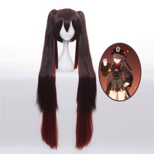Mystylecos Anime Hutao Coslplay Wig Genshin Impact Red Brown Gradient Bangs Double Ponytail Wig Halloween Party Wigs