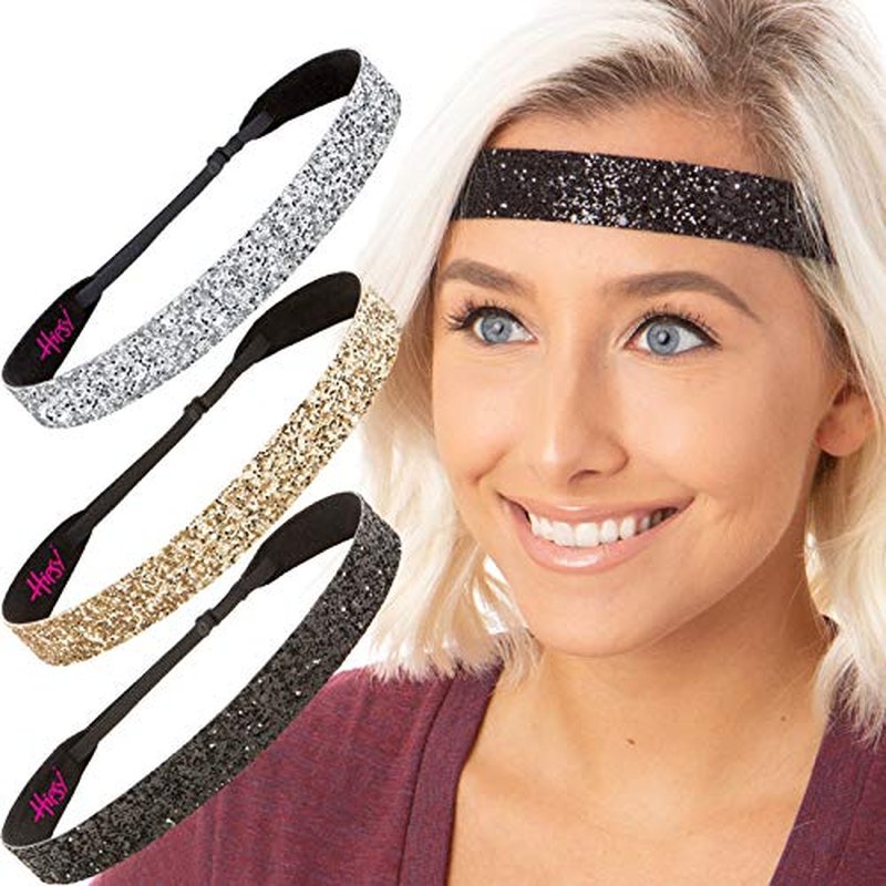 Hipsy Women's Adjustable NO SLIP Wide Bling Glitter Headband (3pk Wide Black/Gold/Silver Bling Glitter)