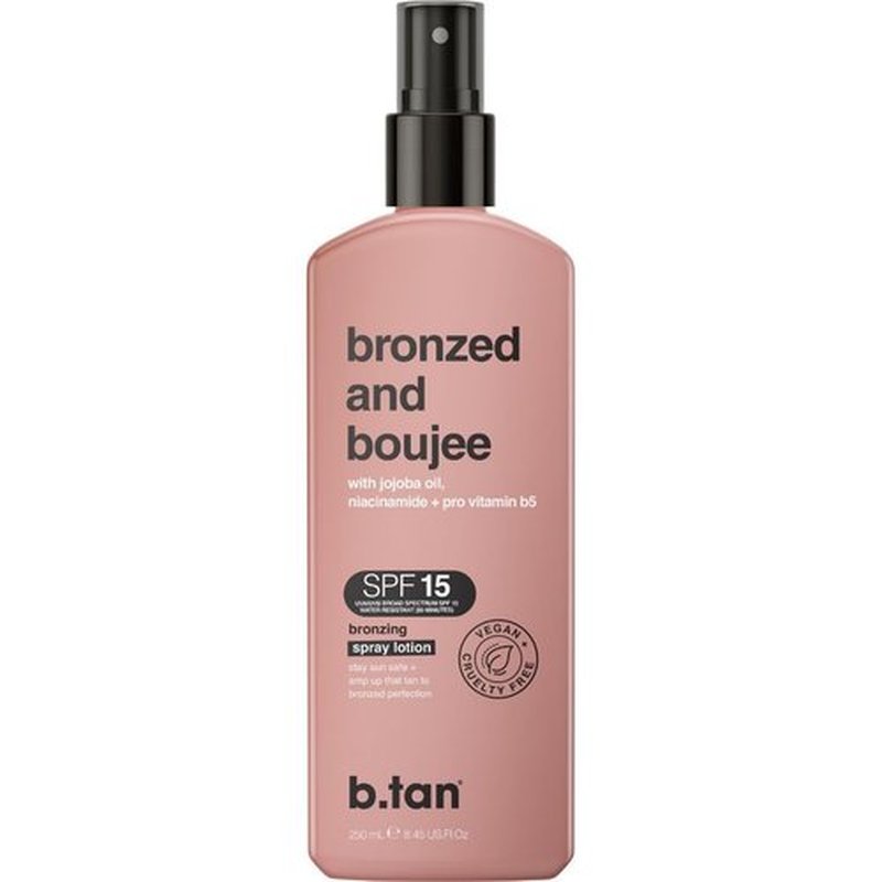 b.tan SPF 15 Sun Tanning Lotion Spray | Bronzed and Boujee - Outdoor Bronzing Spray Lotion, Packed with Jojoba Oil, Niacinamide, & Pro Vitamin B5, Vegan Friendly, Austrailian Brand, 8.45 Fl Oz