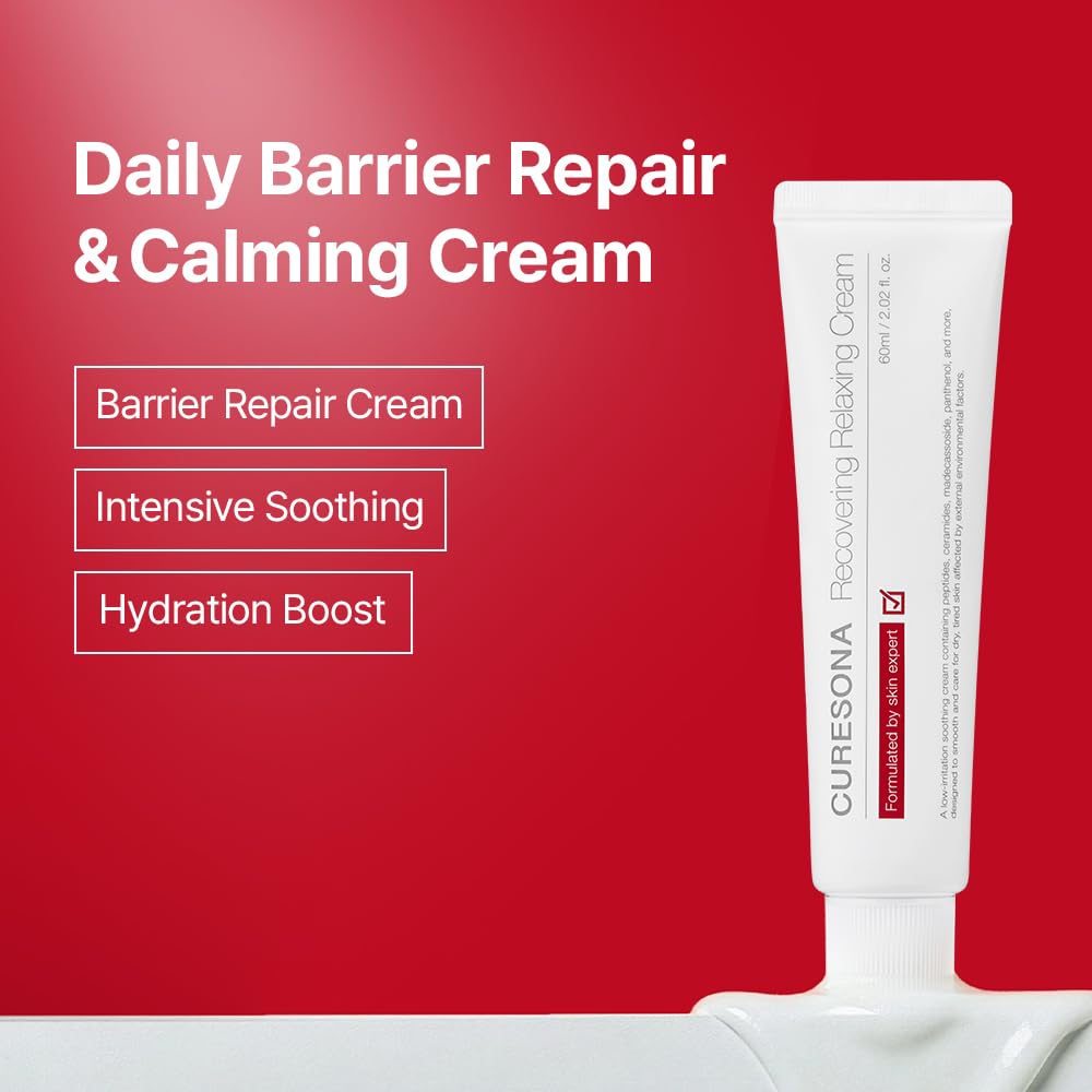 CURESONA Recovering Relaxing Cream – Ceramide & Panthenol Barrier Support Cream for Sensitive & Dry-Looking Skin, Calming Daily Moisturizer, Korean Skincare, 2.02 fl oz