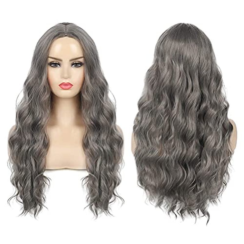 Beweig Long Wavy Gray Wigs for Women Long Curly Wavy Grey Wigs Synthetic Cosplay Wig for Halloween Costume(25 inch)