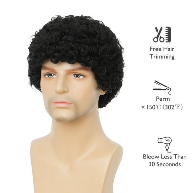 Salaibs Mens Black Afro Curly Wig Short Rocker Wig California Halloween Cosplay Costume Synthetic Replacement Wigs