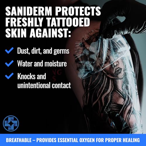 Saniderm Tattoo Aftercare Bandage 3 Sheets (Large Pack, 8 in x 10 in) ? Convenient, Faster Tattoo Healing and Protection ? Sterile, Waterproof, and Latex-Free