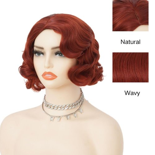 Salaibs Short Red 1920s Wigs for Women Finger Wave Natural Synthetic Hair Wig Lady Cosplay Halloween Costume Flapper Wig