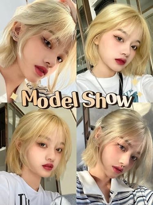 Tangyaoyusun 12Inch Brown Mix Blonde Wig with Bang Short Straight Bob Hair For Girls Women Theme Party(Blonde)