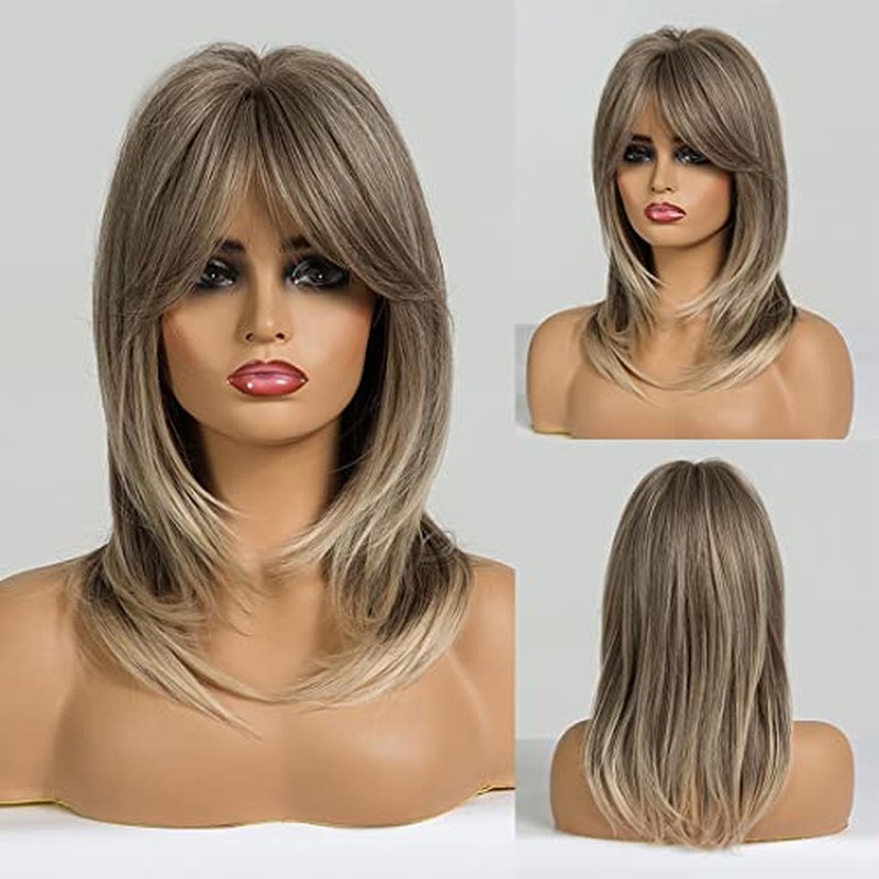 BERON Blonde Wig Long Layered Wigs for Women Blonde Wig Layered Wigs Blonde Synthetic Hair Wig with Bangs