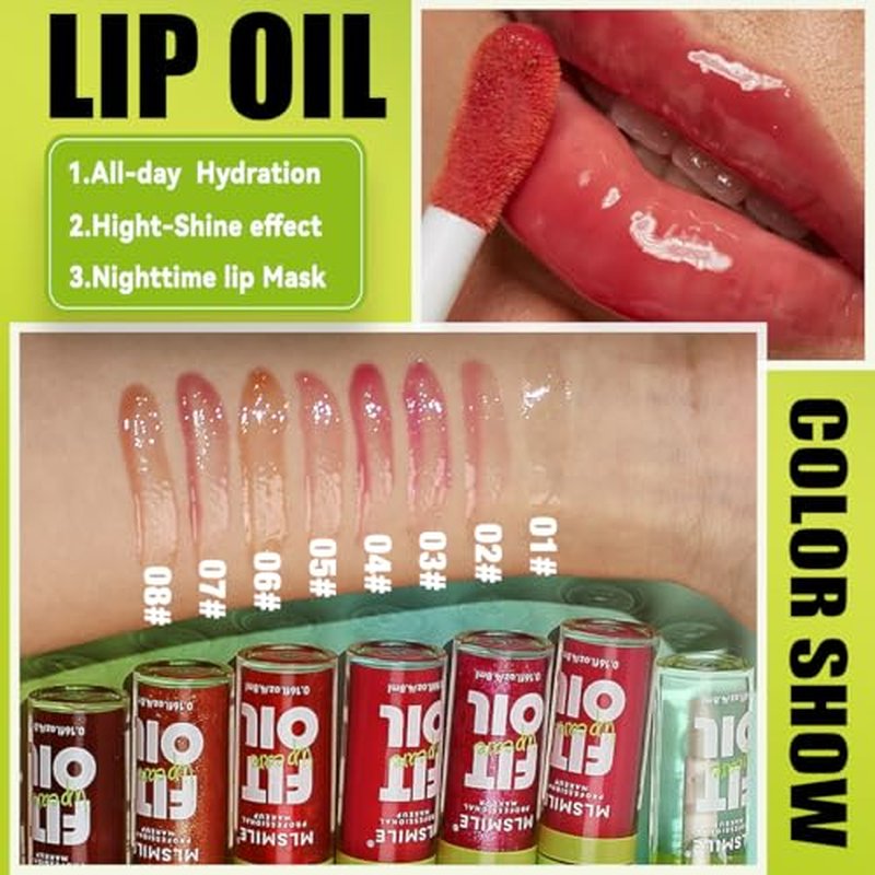 Hvecom 8 Colors Moisturizing Lip Oil Set, Big Brush Head Hydrating Lip Glow Oil Shiny Moisturizing Lip Gloss, Nourishing Non-Sticky Fresh Transparent Tinted Plumping Lip Oil- Set A+Set B