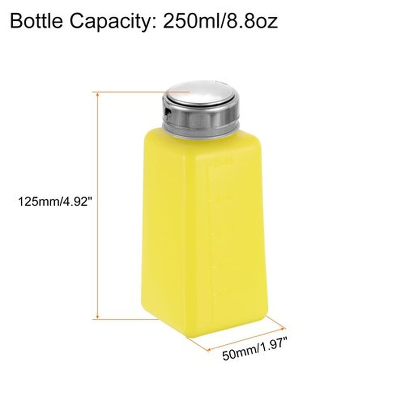HARFINGTON 2pcs Solvent Alcohol Dispenser 250ml(8.8oz) Nail Polish Remover Push Down Liquid Dispenser Pump Bottle with Stainless Steel Press Head for Acetone Cleanser Polish Remover, Yellow