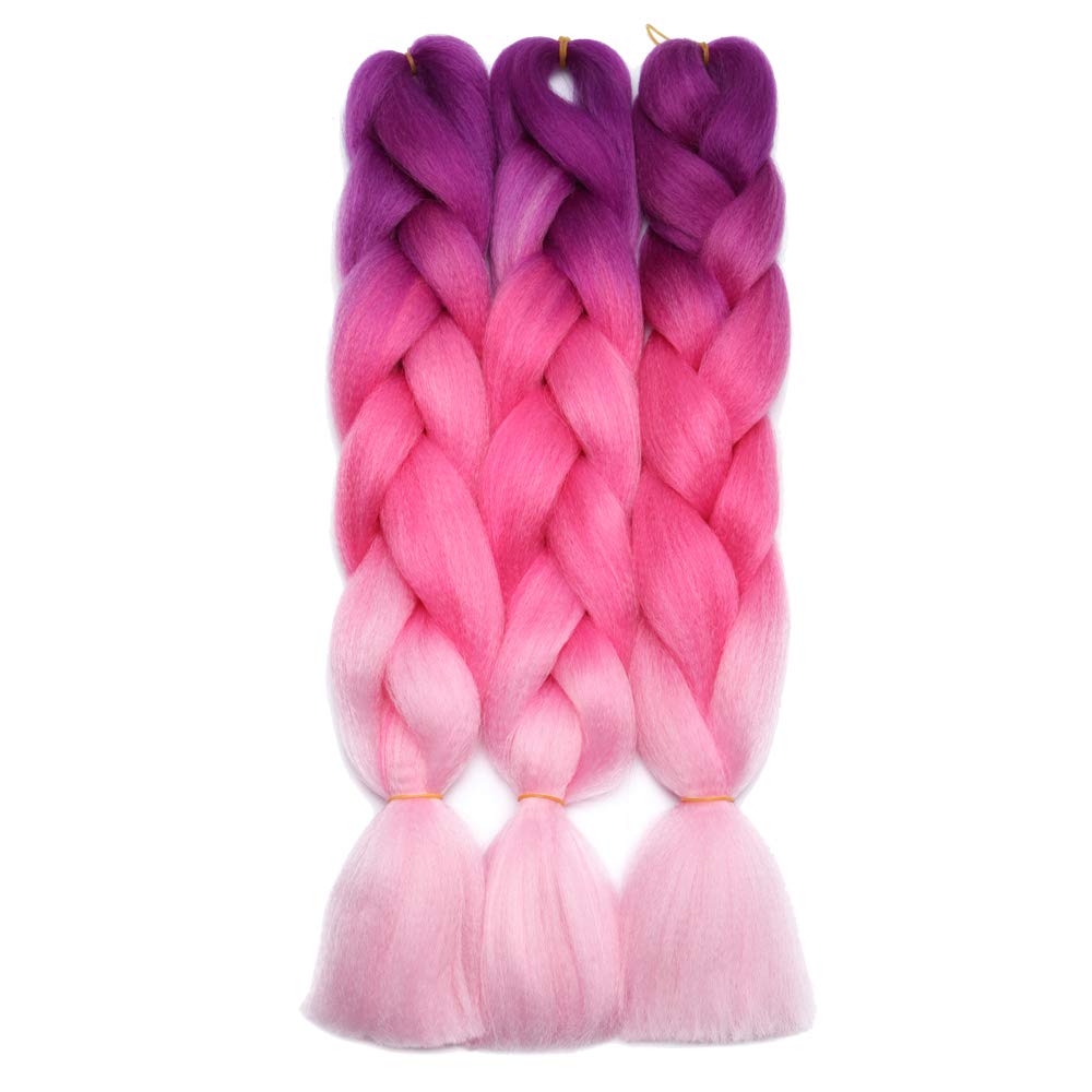 24" Ombre Jumbo Braiding Hair Extensions Jumbo Braid Hair Ombre Long Jumbo Braids For Box Twist Braid Crochet Hair High Temperature 3 Tone Colored (3 Bundles, Purple to Rose Red to Pink)