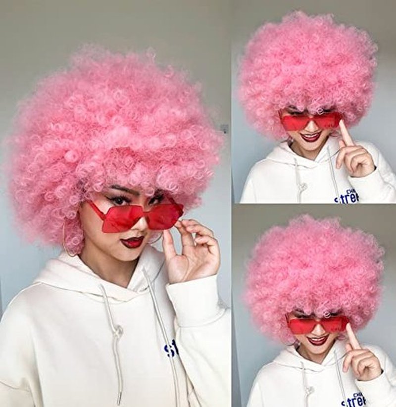 ANNISOUL Afro Wigs for Black Women Short Curly Afro Kinky Wig 70s Bouncy Huge Fluffy Puff Wigs Premium Synthetic for Cosplay and Daily(Pink)