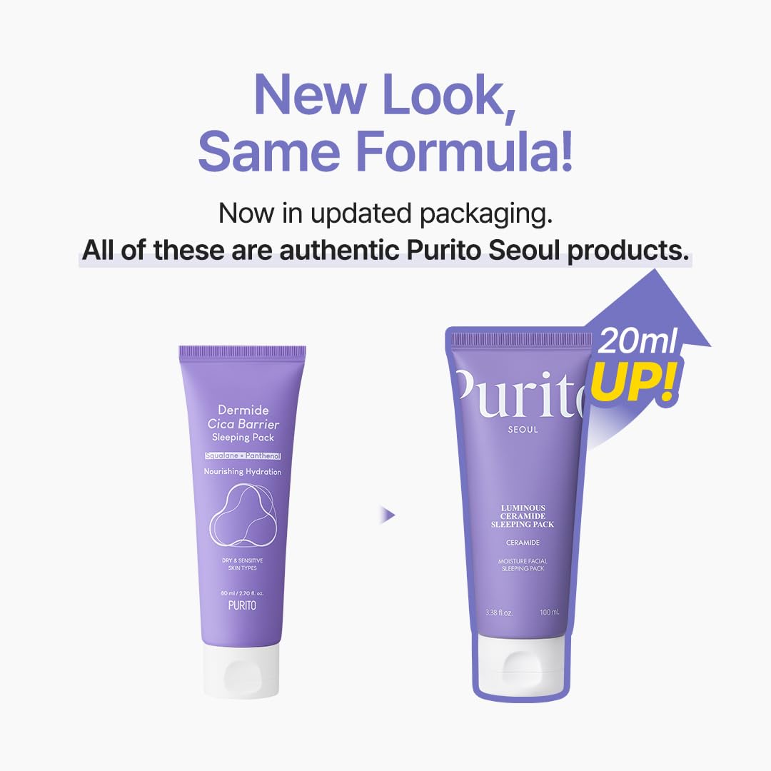PURITO Luminous Ceramide Sleeping Pack | Overnight Recovery Cream with Five Ceramides for Dry & Sensitive Skin | Ceramide, Hydration Lock | Vegan & Cruelty-Free, Korean Skincare, 100mL / 3.38 fl.oz