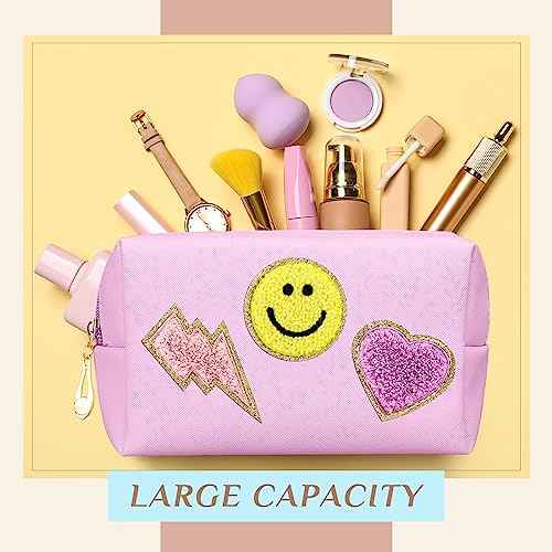 Silkfly 15 Pcs Preppy Patch Makeup Bag Bulk End of the Year Teacher Gifts Bulk Cosmetic Toiletry Bag Smile Lightning Heart PU Leather Portable Waterproof Makeup Cosmetic Purse for Women(Colorful)