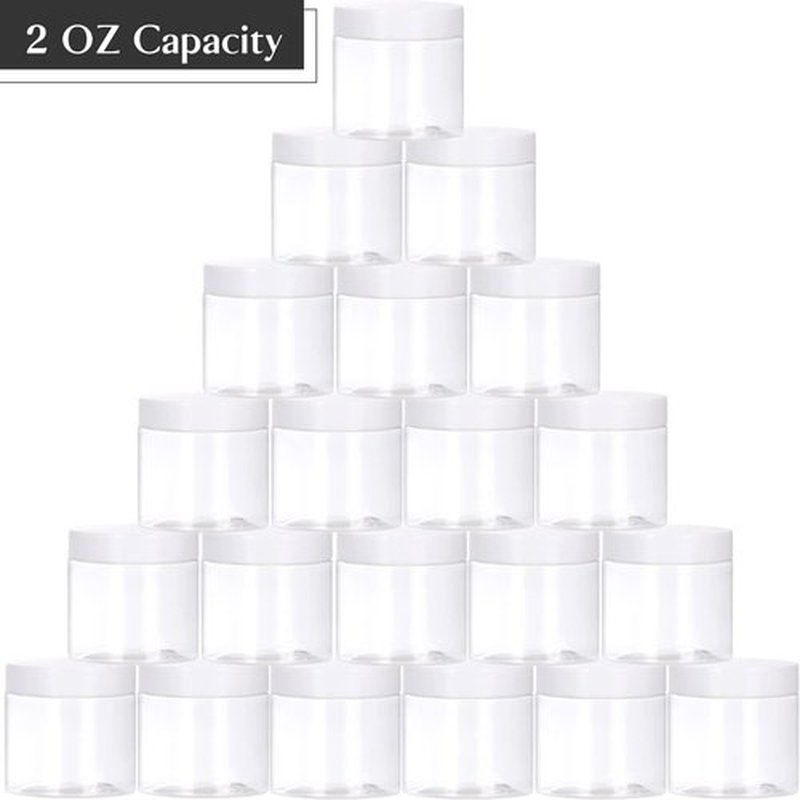 TUZAZO 2 OZ Plastic Jars Round Clear Cosmetic Container Jars with Lids and Labels, 24 Pack Small Plastic Jars for Lotion, Cream, Ointments, Makeup, Glitters, Samples, Travel Storage