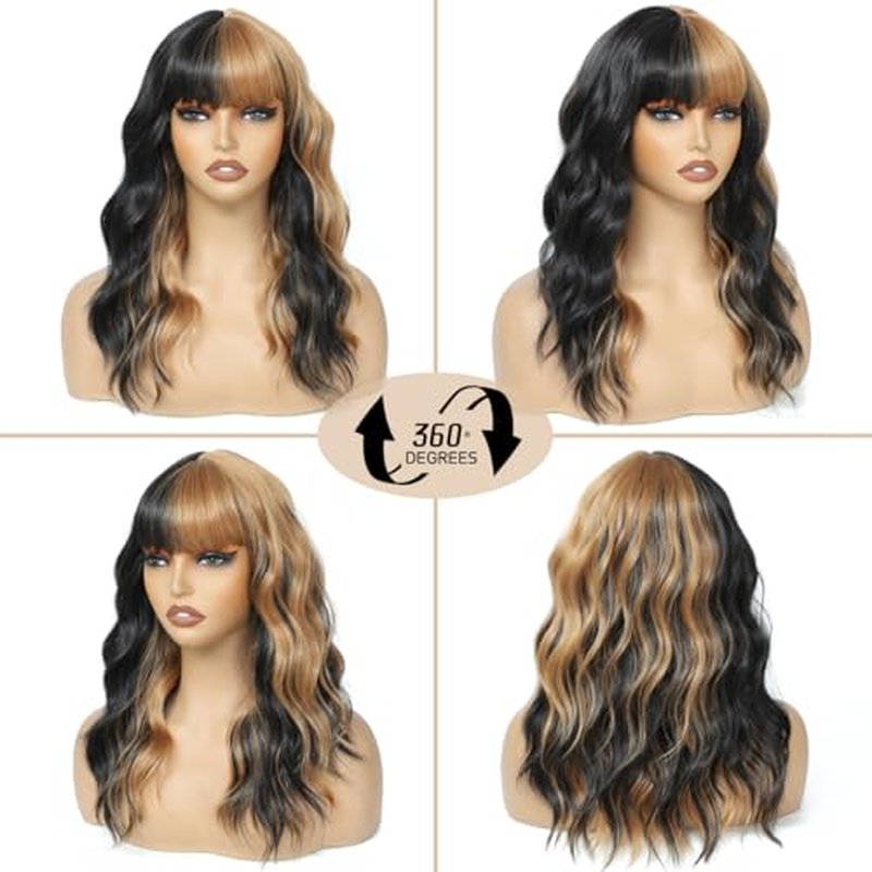 Black Wig With Bangs Long Wavy Wig for Women Curly Wavy Hair Wigs Heat Resistant Synthetic Curly Natural Black Wigs Hair Replacement Wigs for Girls Daily Party Use 24inch(Black)