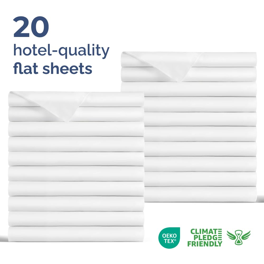Bulk Case Pack of 20 Flat Sheets - (20) Twin XL Size Hotel Quality Top Flat Bed Sheets Only - Wholesale Bulk Bedding for Hotels, Spas & Airbnbs - Breathable, Cooling & Wrinkle Free - (Twin XL, White)