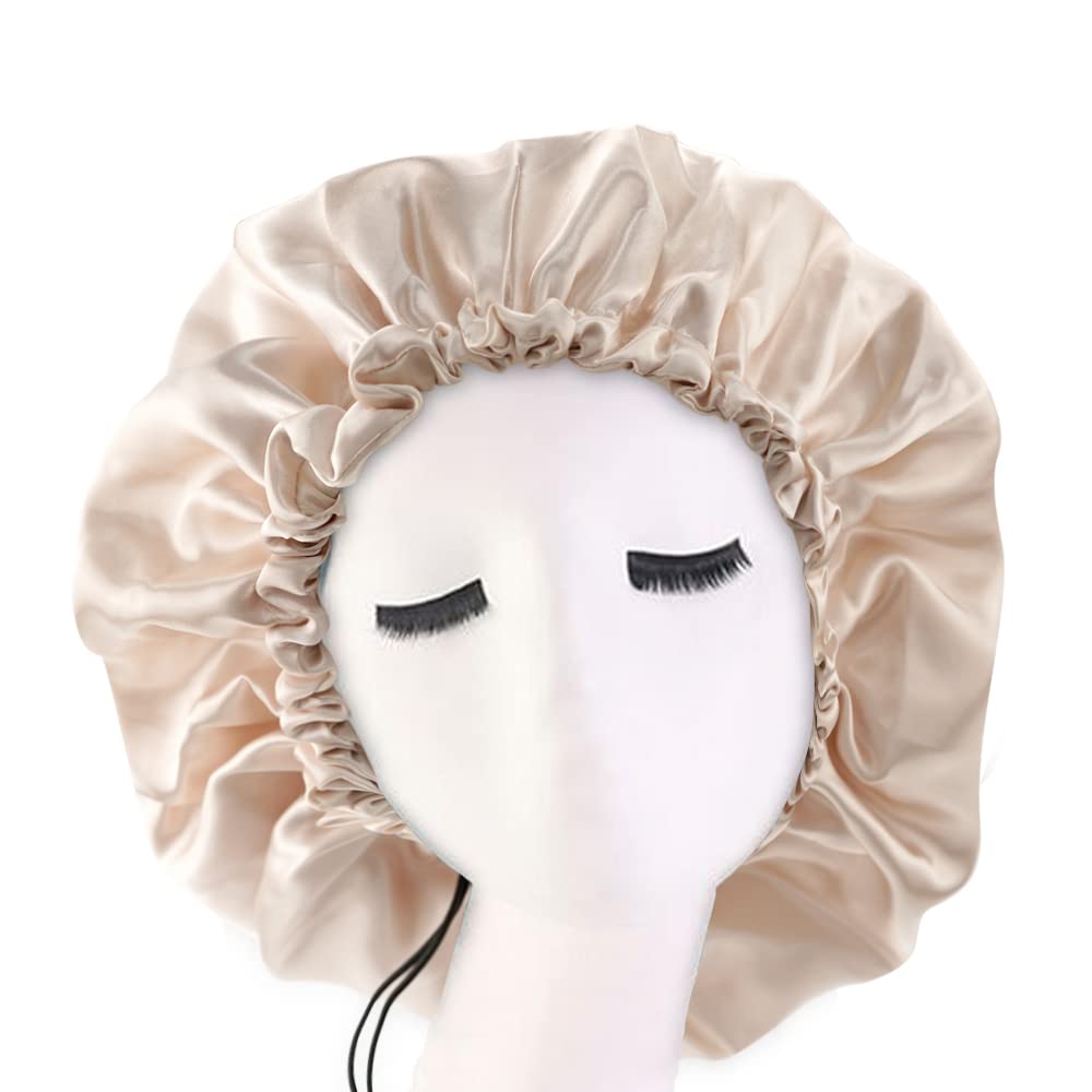 Satin Bonnet Silk Bonnet for Curly Hair Bonnet Braid Bonnet for Sleeping Bonnets for Women Large Double-Layer Adjustable Champagne
