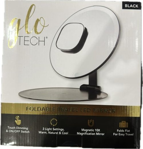 Glo-Tech Foldable Travel LED Mirror, 3 Light Settings, 10X Magnification, Touch Dimming (Black)