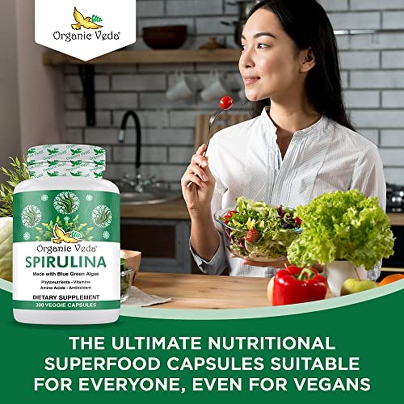 Organic Veda Spirulina Capsules, 1500mg - Green Superfood Dietary Supplement - Organic Blue-Green Algae Packed with Nutrients, Vitamins, Amino Acid, & Antioxidant - Vegan, Gluten-Free - 300 Count