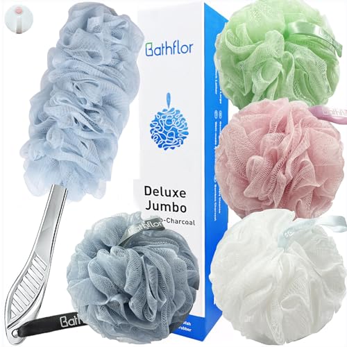Bathflor Shower Loofah Sponge Exfoliating Body Scrubber 80g, Charcoal Loofa for Women & Men Bath Wash: 1 Long Handle Back Brush Plus 4 Packs Extra Large 80g Soft Mesh Luffa Poufs, 1 Lufa Hook (4Color)