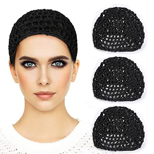 Etercycle 3 Pieces Mesh Crochet Hair Net Snoods for Women, Soft Rayon Knit Crochet Hairnet Hair Cover Accessory for Sleeping (Black)
