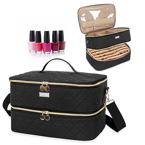 Jaffzora Nail Polish Organizer Case, Double Layers Nail Organizers and Storage, Holds 40 Bottles Gel Nail Polish&Nail Lamp, Travel Nail Supplies Carrying Bag for Nail Art Tech & Manicure Tools,Black