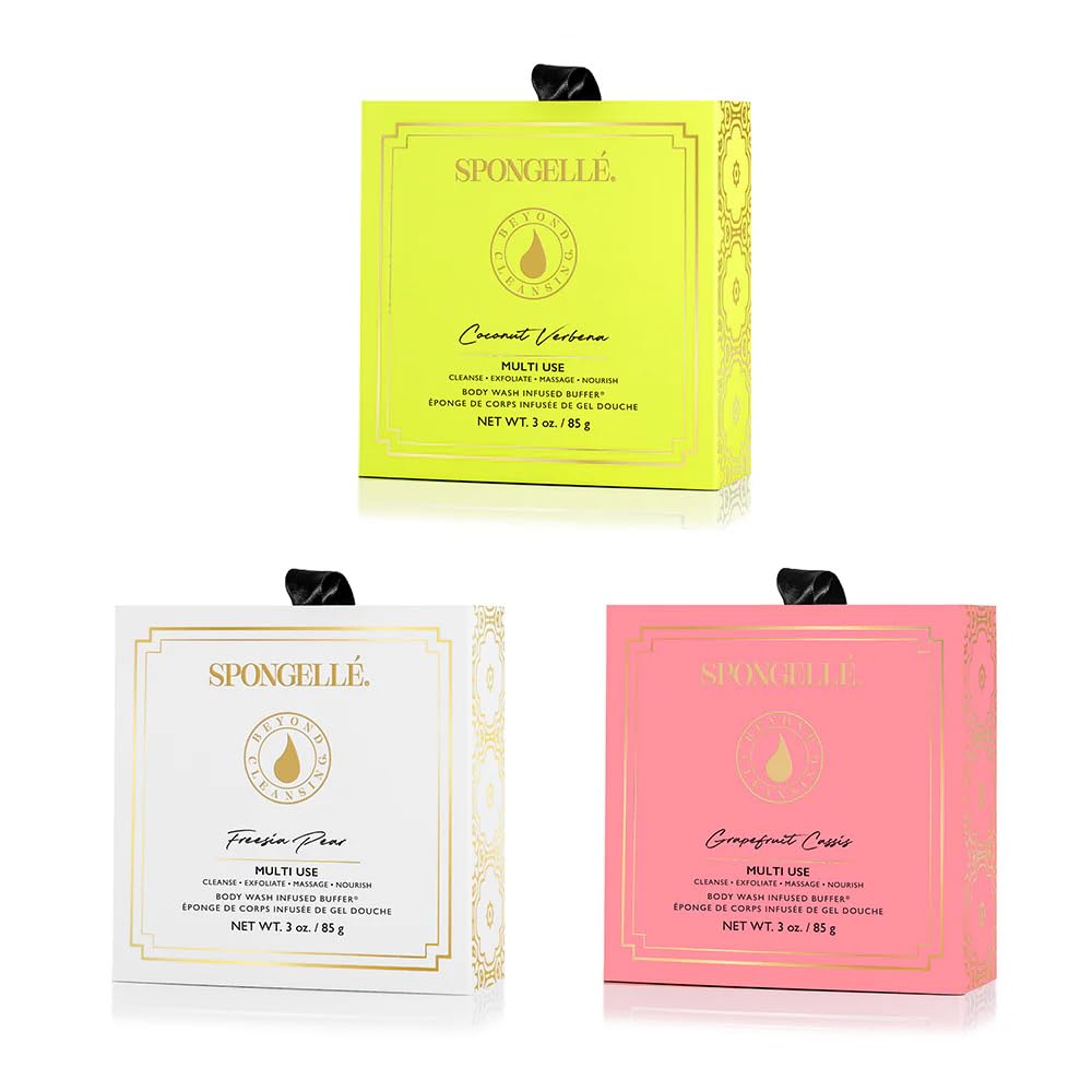 Spongellé Wild Flower Bath Sponge with Box Bundle, Mothers Day Gift | Coconut Verbena, Grapefruit Cassis, Freesia Pear | Built-in Body Wash & Body Scrubber, Shower Loofah Sponge for Women | 14+ uses