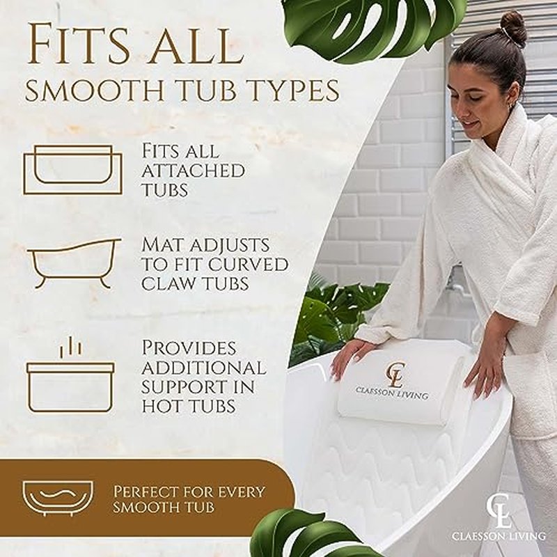 Claessonliving Full-Body Bath Pillow (17'' x 49'') - Bathtub Cushion with Headrest Supports Neck, Back and Legs - Free Hanging Hooks for Fast Drying Over Tub - Includes Washing and Travel Bags - White